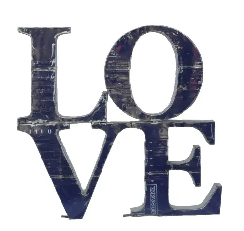 Product image of the product “Letter LOVE in Small as wall hanger, 105 x 100cm, object from upcyceled oil barrel. ”